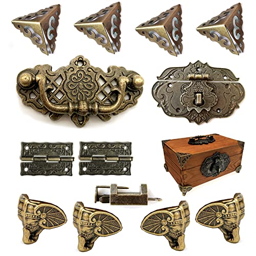 Jewelry Box Antique Lock Latch Hasp Hinges Handle Box Corner Protectors Kit for DIY Jewelry Box Bronze, Box not Included
