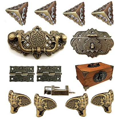 Jewelry Box Antique Lock Latch Hasp Hinges Handle Box Corner Protectors Kit for DIY Jewelry Box Bronze, Box not Included