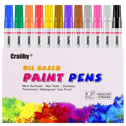 Paint Markers, 12 Pack Oil-Based Waterproof Quick Dry Permanent Paint Pen Set for Rocks Painting, Wood, Fabric, Plastic, Canvas, Glass, Mugs, Metal, Tire, Stone, DIY Craft - color: 12 Colors