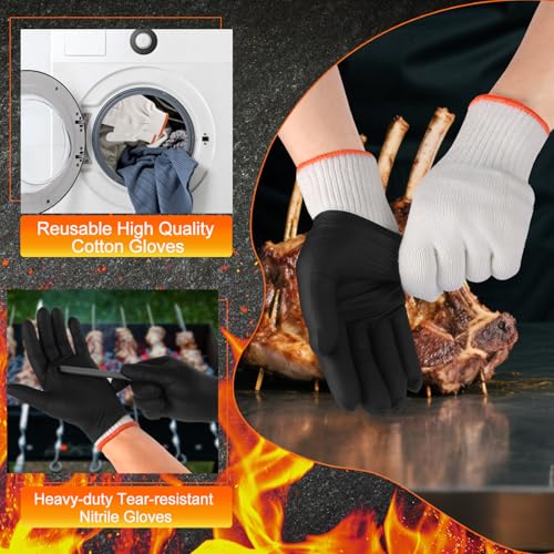 ANBOSON BBQ Gloves for Cooking Baking Grilling, 100 Count Disposable Nitrile Gloves and 4 Count Cotton Glove Liners Washable (6mil Nitrile, X-Large) - size: X-Large, style: 6mil Nitrile