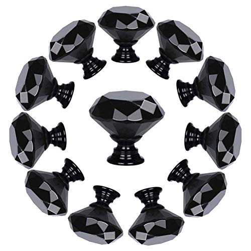 YourGift 12 Pack Drawer Knobs Diamond Shaped Crystal Glass 30mm Cabinet Knobs Pull Handles (30 mm, 12 Pack, All Black) - color: All Black, size: 30 mm, 12 Pack