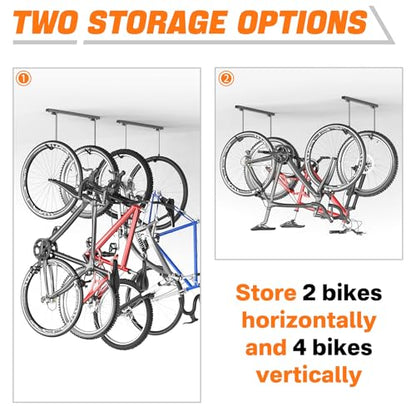 TORACK Overhead Bike Rack for Garage, Ceiling-Mounted Bicycle Storage Hooks for 2 Bikes (Horizontal) or 4 Bikes (Vertical), Adjustable Bicycle Hooks for Mountain, Road Bike - style: for 2 bikes