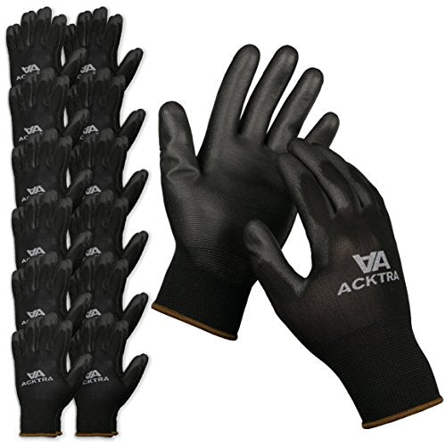 ACKTRA Ultra-Thin PU Safety WORK GLOVES 12 Pairs, WG002 Black/Black, Large - color: Black/Black, size: Large (Pack of 12)