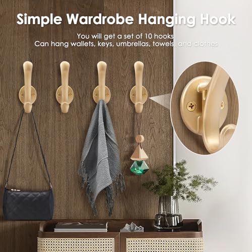 20 Pack Heavy Duty Coat Hooks Wall Mount, Brushed Gold Wall Coat Hooks, Decorative Double Hook for Hanging Coats, Hat, Scarf, Bag, Clothes, Towel, Key, Robe, Cap (Gold)