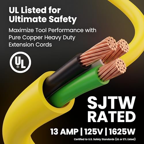 GEARit 100 ft Outdoor Extension Cord 14/3 Gauge SJTW 14 AWG, 3-Prong Heavy Duty Power Cable with Lighted End, 15A 125V 1875W, Waterproof Cord for Tools, Lawn & Garden, Yellow - size: 14 AWG Gauge, style: 100 Feet (SJTW Rated)