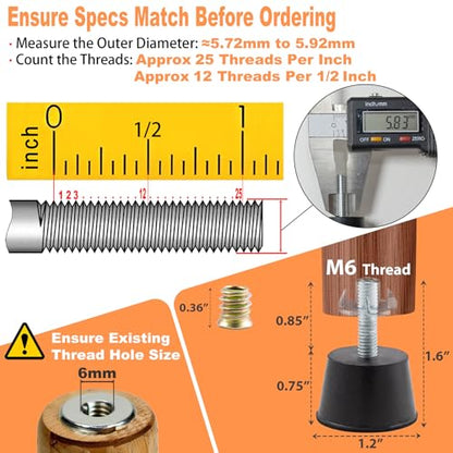NEWBYTEK M6 Thread Rubber Furniture Leveling Feet Screw in Threaded Furniture Levelers Adjustable Table Chair Levelers Feet Glides for Chairs Tables Cabinet Patio - 8 Pack - size: M6 Thread,8 Pack
