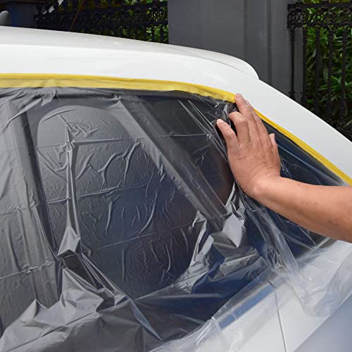 TAPEBEAR Pre-Taped Masking Film, Tape and Drape, Plastic Sheeting Roll, Automotive Painters Masking Tape Film, Plastic Sheeting Cover for Appliance and Furniture, 5feet X 90feet,1400mm x 27m, 3Rolls - size: 1400mm x 27m