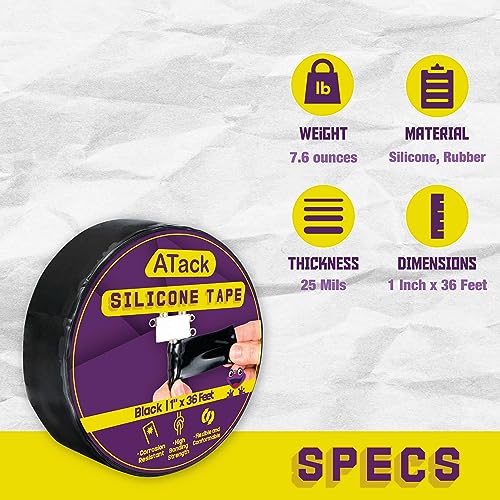 ATack Silicone Self-Fusing Tape, 1-Inch x 36-Foot (Black) Waterproof Professional Grade Weatherproof Self-Fusing Silicone Rubber Sealing Wrap Tape for Hose, Pipe, Plumbing Emergency Repair 25 Mil - color: Black