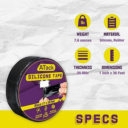 ATack Silicone Self-Fusing Tape, 1-Inch x 36-Foot (Black) Waterproof Professional Grade Weatherproof Self-Fusing Silicone Rubber Sealing Wrap Tape for Hose, Pipe, Plumbing Emergency Repair 25 Mil - color: Black