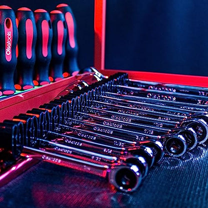 Olsa Tools Wall-Mounted Wrench Rack - Red Anodized Aluminum Rail with Black Clips - Stores 14 SAE or Metric Wrenches Securely - Professional Organizer - Part: 1028 - style: Red Aluminum + Black Clips