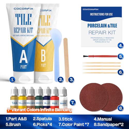 Tile Repair Kit, Ceramic Tile Chips & Cracks Repair Kit(Color Match), Porcelain Tile Repair Kit with Super Strong Adhesion, Fix Chips, Cracks and Holes on Ceramic Tile, Porcelain, Acrylic, Fiberglas