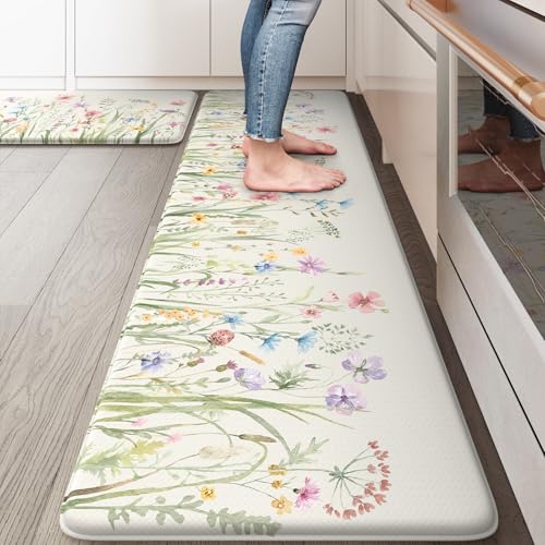 KIMODE Anti Fatigue Kitchen Mats for Floor, Farmhouse Floral Kitchen Rugs Set of 2, 17"x59"+17"x29" Kitchen Floor Mats Non-Slip, Cushioned Standing Mat for Sink, Laundry, Desk, Home White - color: Floral/White, size: 17.3" x 59"+17.3" x 29"--0.47 inches