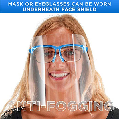 TCP Global Salon World Safety Face Shields with Blue Glasses Frames (Pack of 10) - Ultra Clear Protective Full Face Shields to Protect Eyes, Nose, Mouth - Anti-Fog PET Plastic, Goggles - color: Blue