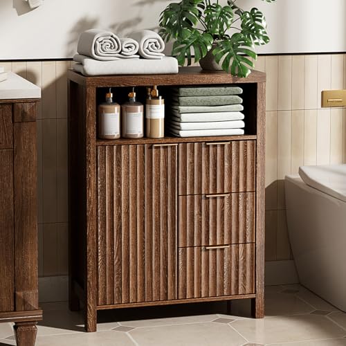 VINGLI Bathroom Floor Storage Cabinet with 3 Drawers, Modern 32" Freestanding Short Storage Organizer with Fluted Door & Adjustable Shelf, 12 Inch Deep Walnut Wooden Console for Small Space - color: Dark Walnut, style: 32" Small Fluted Floor Cabinet