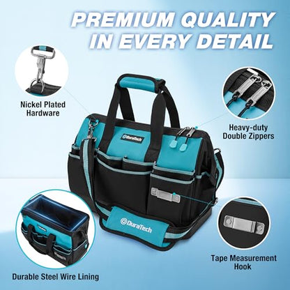 DURATECH 16-Inch Heavy Duty Tool Bag with Waterproof Hard Bottom, Tool Bag Organizer Wide Open Mouth with 18 Pockets, Portable Toolbag for Men Mechanic Electrician Plumber HVAC - size: 16 Inch