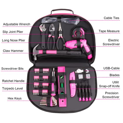 THINKWORK 122-Piece Pink Tool Set with 3.6V Rotatable Electric Screwdriver, Home Tool Kit for Women with Easy Carrying Round Pouch, Ladies Pink Tool Kit for Home Maintenance, DIY, Gifts - style: 122-Piece