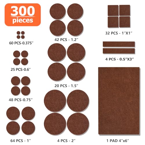 Felt Furniture Pads 300 Pieces, Furniture Pads for Hardwood Floors, Floor Protectors for Furniture Legs, Felt Pads for Furniture Brown - size: 300pcs Brown
