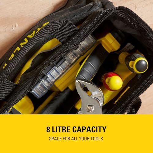 STANLEY Tool Bag 30 x 25 x 13 cm in Resistant 600 x 600 Denier with 8 Interior 2 Exterior Pockets and Reinfored Base 1-93-330, Black, 12"