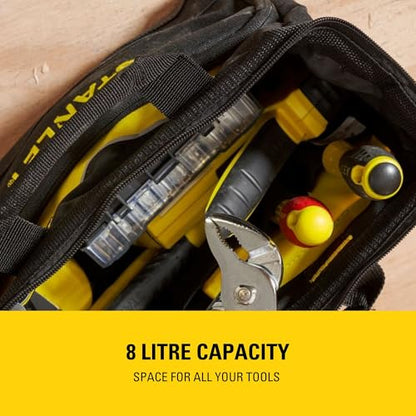 STANLEY Tool Bag 30 x 25 x 13 cm in Resistant 600 x 600 Denier with 8 Interior 2 Exterior Pockets and Reinfored Base 1-93-330, Black, 12"