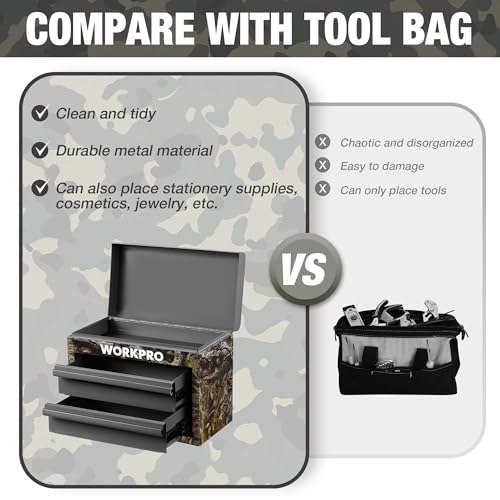 WORKPRO Metal Mini Tool Box, Top Tool Chest containing Two Drawers with Ball Bearing Slides, PVC Drawer Liners and PP Feet Pads, Durable Cold Rolled Steel Small Toolbox for Multi-Purpose Storage - color: Green Camo