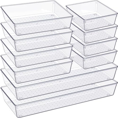 Criusia Drawer Organizer, 10 Pack Large Clear Plastic Set, 3 Size Versatile Bathroom and Vanity Organizer Trays, Storage Bins for Makeup, Bedroom, Kitchen Utensils - size: 10pack