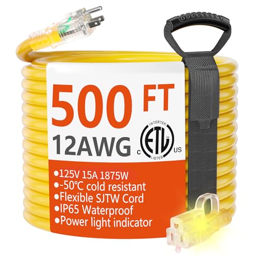 HUANCHAIN 500 ft Outdoor Extension Cord Waterproof 12/3 Gauge Heavy Duty with Lighted end, Flexible Cold-Resistant 3 Prong Electric Cord Outside, 15Amp 1875W 12AWG SJTW, Yellow, ETL - color: Yellow, size: 500ft