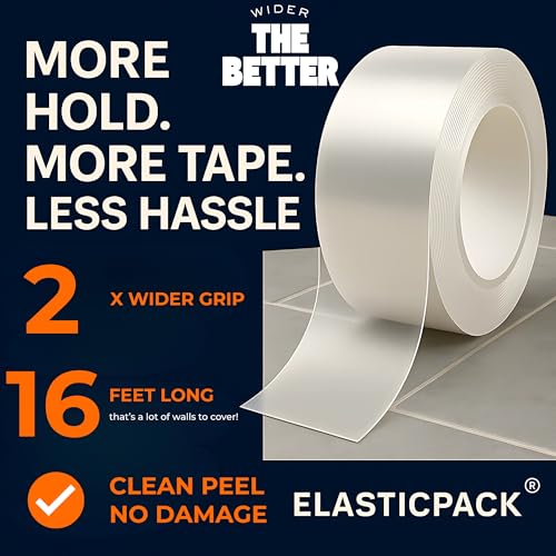 Double Sided Mounting Tape Heavy Duty - 2 in x 16 ft Clear Two Sided Nano Tape for Walls, 2mm Thick Adhesive for Picture Hanging, Reusable, Heat Resistant
