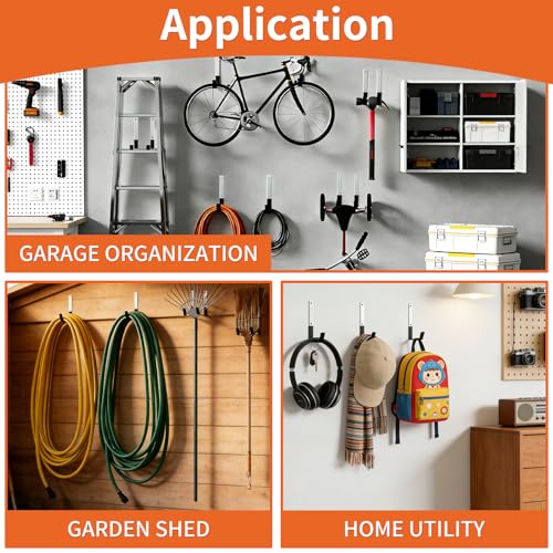 GeeWatom Heavy Duty Steel Garage Hooks,Garage Storage Utility Hooks,Anti-Slip Garage Hooks,Garage Garden Tool Organizer,Steel Wall Mount Hooks, Garden Hose Hanger, Black J Hooks (Large-6PC) - size: Large-6PC