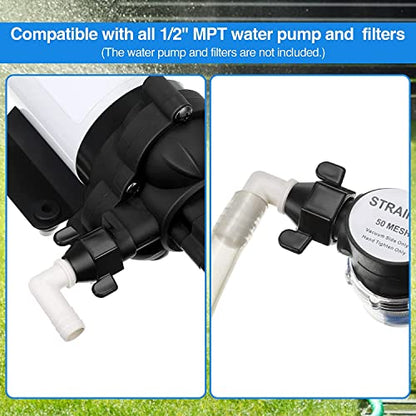 Dreyoo 1/2 Inch x 14 NPT x 1/2 Inch Barb Elbow and Straight Swivel Adapter RV Water Pump Fittings with Thread Seal Tape, 0.5 Inches Female Threaded Pex Fittings for Water Pump Strainer ()