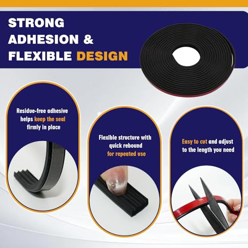 Ribbed Rubber Weather Stripping 1/2" Wide X 25FT EPDM Adhesive Seal Strip, Rectangle Rubber Seal for RV Window, Garage Door Weather Stripping, Trailer Door Seal, Car Door Seal