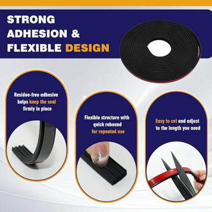 Ribbed Rubber Weather Stripping 1/2" Wide X 25FT EPDM Adhesive Seal Strip, Rectangle Rubber Seal for RV Window, Garage Door Weather Stripping, Trailer Door Seal, Car Door Seal