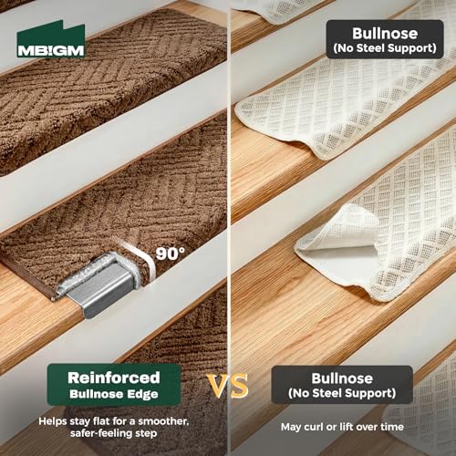 MBIGM Bullnose Non-Slip Stair Treads w/Reusable Adhesive 14 Pack 9.5" x 30" Wooden Steps Protection - TPU Backing with Steel Reinforcement - Anti-Slip Solution Basketweave Brown Non Slip Stair Tread - color: Brown - Basketweave
