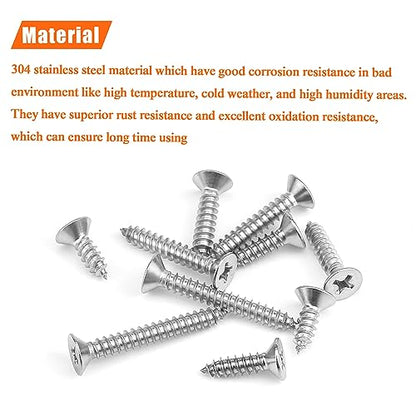 #8 x 1/2" 5/8" 3/4" 1" 1-1/4" Wood Screws Set, HELIFOUNER 140 Pieces Phillips Countersunk Head Self-Tapping Screws Assortment Kit, Phillips Flat Head Wood Screws, 304 Stainless Steel - size: #8