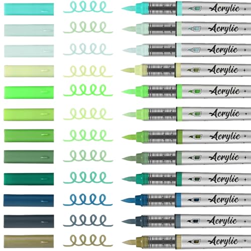 Mifuner Acrylic Paint Pens Set,12Colors Soft Brush Tip Acrylic Paint Markers, Direct-Liquid Ink System,Colored Marker Pen for Rocks,Wood,Ceramic,Canvas, Eggs DIY Painting Art Supplies.Grey Green - color: 12pcs-Grey Green