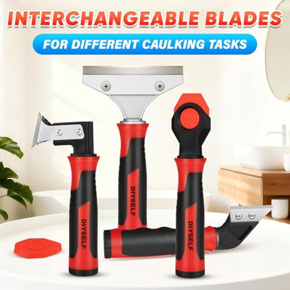 DIYSELF Caulking Tool, 4 in 1 Caulk Remover Tool for Bathroom, Bathtub, Grout, Shower, Tile, Window, Razor Scraper Tool for Cleaning, Silicone Caulk Removal Tool (Red) - color: Red