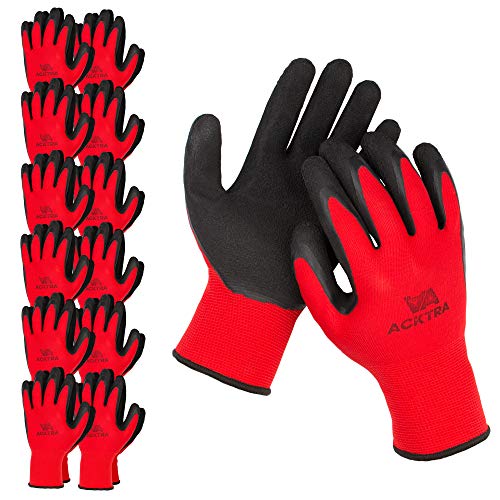 ACKTRA Premium Coated Nylon Safety WORK GLOVES 12 Pairs, Knit Wrist Cuff, for Gardening and General Purpose, for Men & Women, WG009 Red Polyester, Black Latex, Medium - color: Red / Black (Premium), size: Medium (Pack of 12)