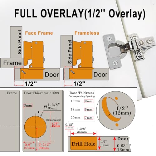 8 Pack 1/2 inch Overlay Soft Close Cabinet Door Hinges for Kitchen Cabinet Hinges Hidden Hinge Stainless Steel Concealed Kitchen Cabinet Hinge Self Closing Screw Holes Distance of Cup is 45 mm