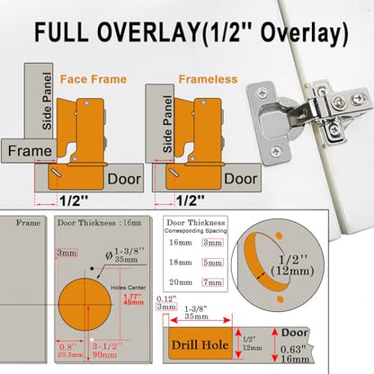 8 Pack 1/2 inch Overlay Soft Close Cabinet Door Hinges for Kitchen Cabinet Hinges Hidden Hinge Stainless Steel Concealed Kitchen Cabinet Hinge Self Closing Screw Holes Distance of Cup is 45 mm