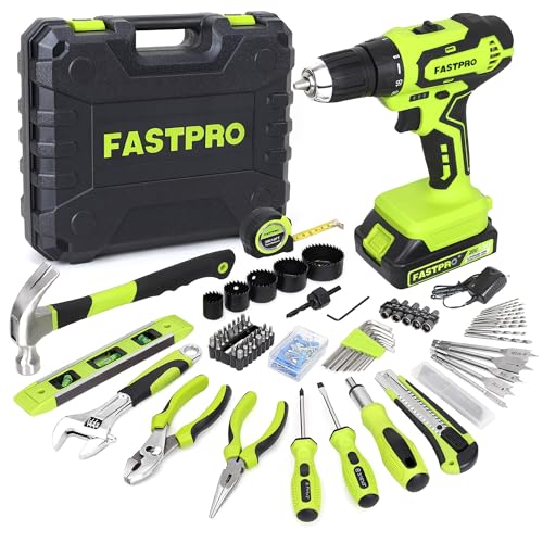 FASTPRO 177-Piece 20V Cordless Lithium-ion Drill Driver and Home Tool Set, Household Repairing Tool Kit with Drill in Storage Case, Green - color: Green