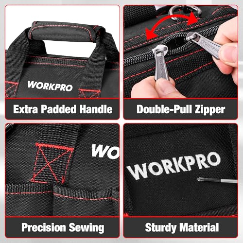 WORKPRO 14-inch Tool Bag, Multi-pocket Tool Organizer with Adjustable Shoulder Strap, W081021A , black - size: 14 inch