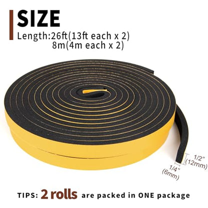 Yotache Weather Stripping Door Seal Strip 1/2 x 1/4 inch, 2 Rolls x 13Ft, New Adhesive Foam Insulation Tape for Door Frames, Windows, Total 26Ft - size: 1/2"x1/4"x26 FT