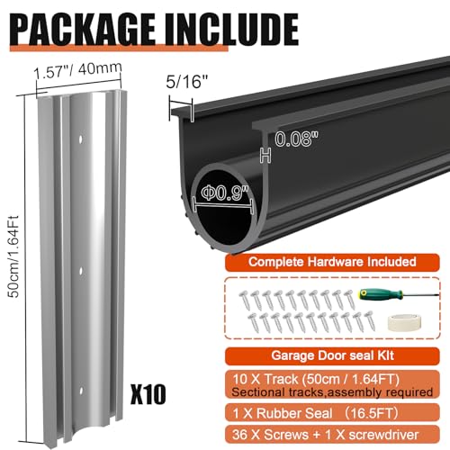 Garage Door Seals Bottom Rubber – 16.5FT EPDM Weatherproof Seal with Pre-Drilled Aluminum Track Retainer Kit, Fits 8-20FT Doors, Rodent Proof, Noise Reducing (1.57" Width, Black) - size: With Aluminum Track - 16.5 Ft