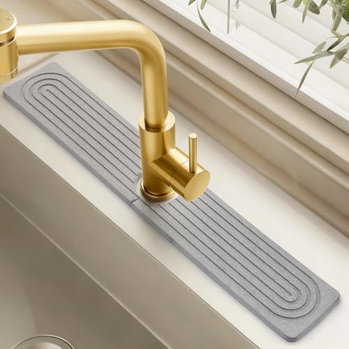 Diatomite Stone Faucet Mat for Kitchen Sink, 23.6 Inch Fast Drying Splash Guard, Super Absorbent Sink Tray Caddy for Dish Soap & Sponge, Bathroom Counter Protector & Organizer, Gray