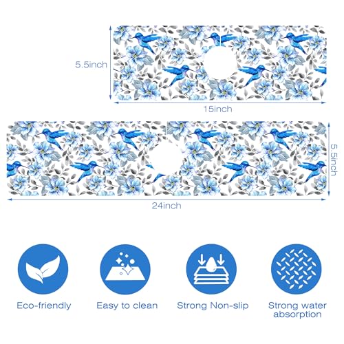 Blue Floral and Hummingbird Dish Drying Mat for Kitchen Sink Splash Guard Behind Faucet Sink Mat Absorbent Fast Drying Faucet Draining Mat for Bathroom Kitchen 5.5"×15" - size: 15" x 5.5"