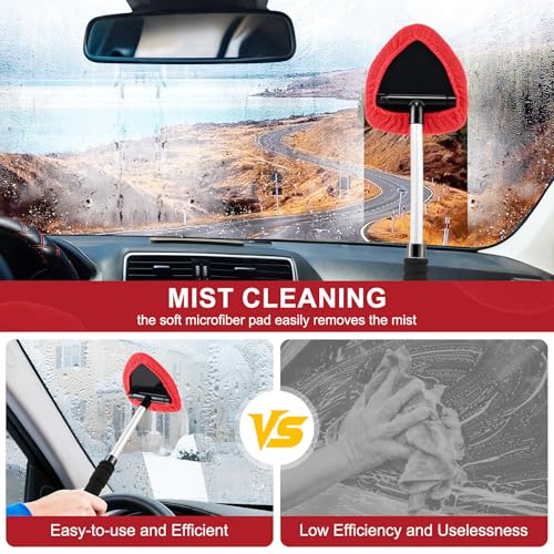 JUSTTOP Windshield Cleaner Tool, Car Interior&Exterior Window Cleaning Tool with Extendable Handle & 4 Reusable Microfiber Pads, Auto Glass Wiper Brush Kit for Cars (Red) - color: Red