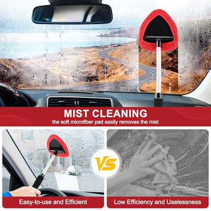 JUSTTOP Windshield Cleaner Tool, Car Interior&Exterior Window Cleaning Tool with Extendable Handle & 4 Reusable Microfiber Pads, Auto Glass Wiper Brush Kit for Cars (Red) - color: Red