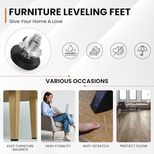 1/4" Furniture Leveling Feet with T-Nuts, 12 Pcs Stainless Steel Adjustable Leveling Feet, Screw on Table Leg Levelers for Table, Cabinets, Chairs, Stool Legs