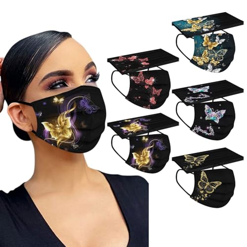 50 PCs Butterfly Disposable Face_Mask for Women,3 Ply Adults Black Butterfly_Mask With Floral Design Fashion Facemask Women Men