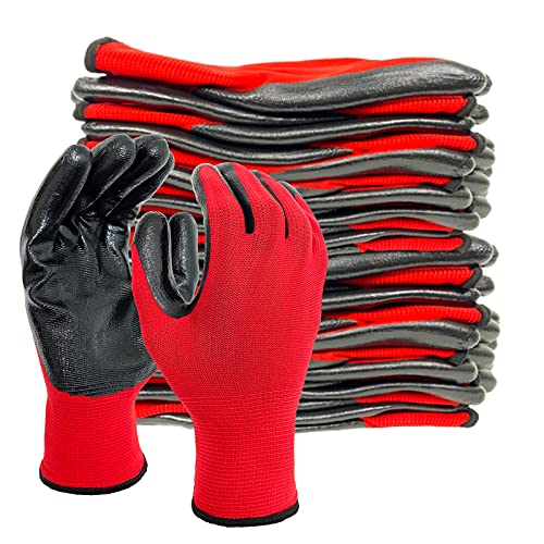 Evridwear Nitrile Coated Work Gloves,Superior Oil Resistance with Grip for Men Women Automotive,Gardening, Mechanic - color: Red, size: X-Large