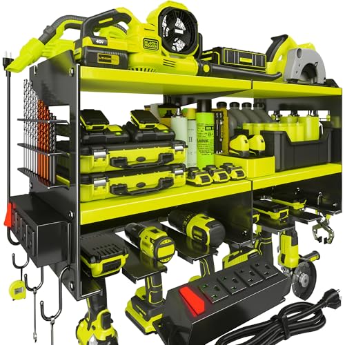 Spampur Power Tool Organizer, 15 Min Quick Assembly & Max 420lb Load by Heavy Duty Metal, 6 Slots for Cordless Drill with 4 Outlet Power Strip in Garage/Workshop/Suitable for Thanksgiving/Christmas - color: Green, size: 6 Slots